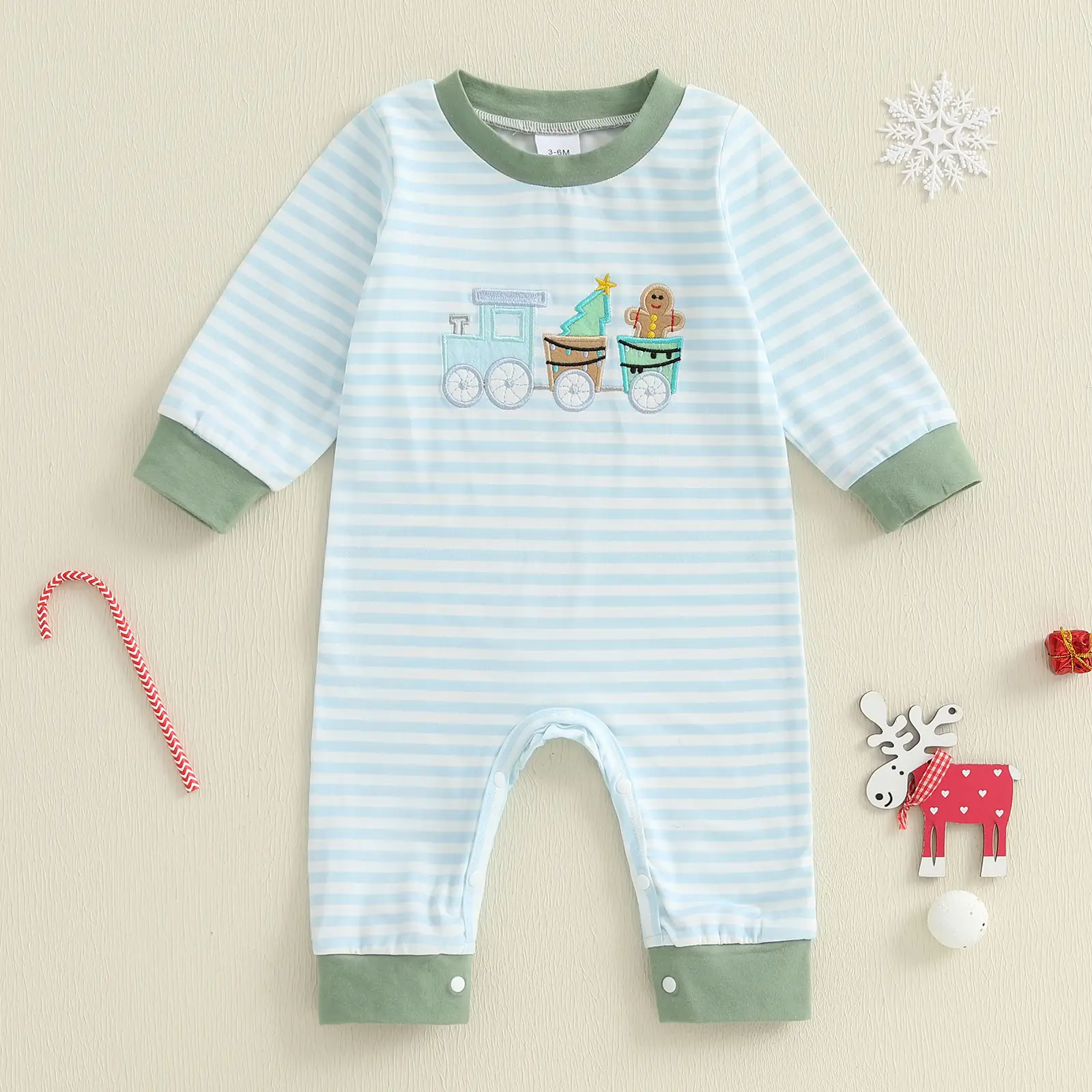 Infant Baby Boy Christmas Romper Embroidered Striped Crew Neck Long Sleeve Infant Jumpsuit 0-18 Months