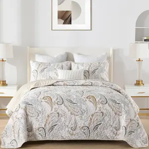 Boho Quilt Set ,Beige Paisley Floral  Bedspread Coverlet Set with 2 Pillowcases,Lightweight Microfiber Bohemian Quilt  Set 96"x90"