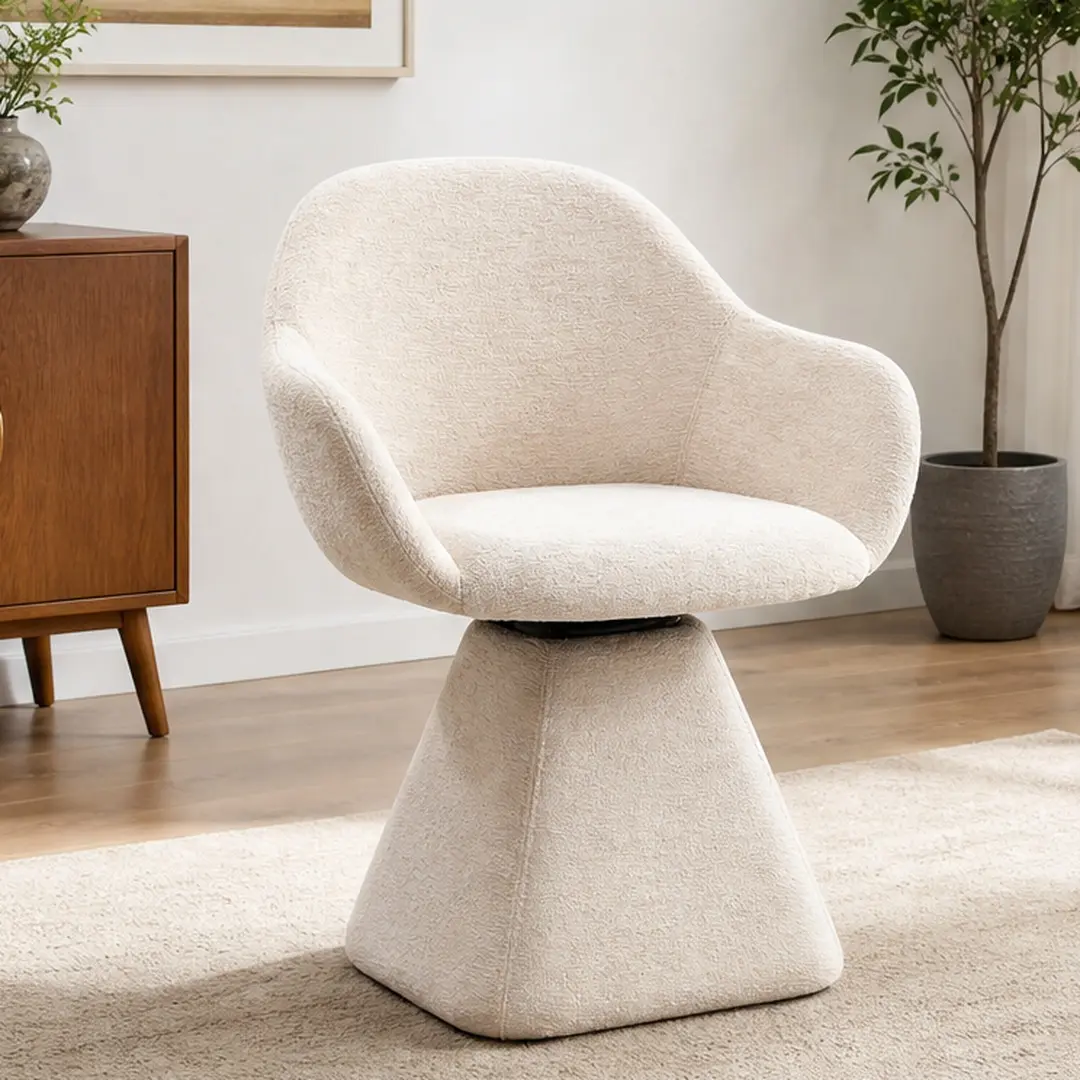 ARCH Modern Beige Plush Velvet Vanity Barrel Chair - 180° Swivel, Curved Solid Wood Base, Compact & Versatile Design, Ergonomic Waterproof Stain-Resistant Upholstery, Flexible Support, Assembly Required, for Living Room (23.62"L x 20.47"W x 30.71"H), Roll
