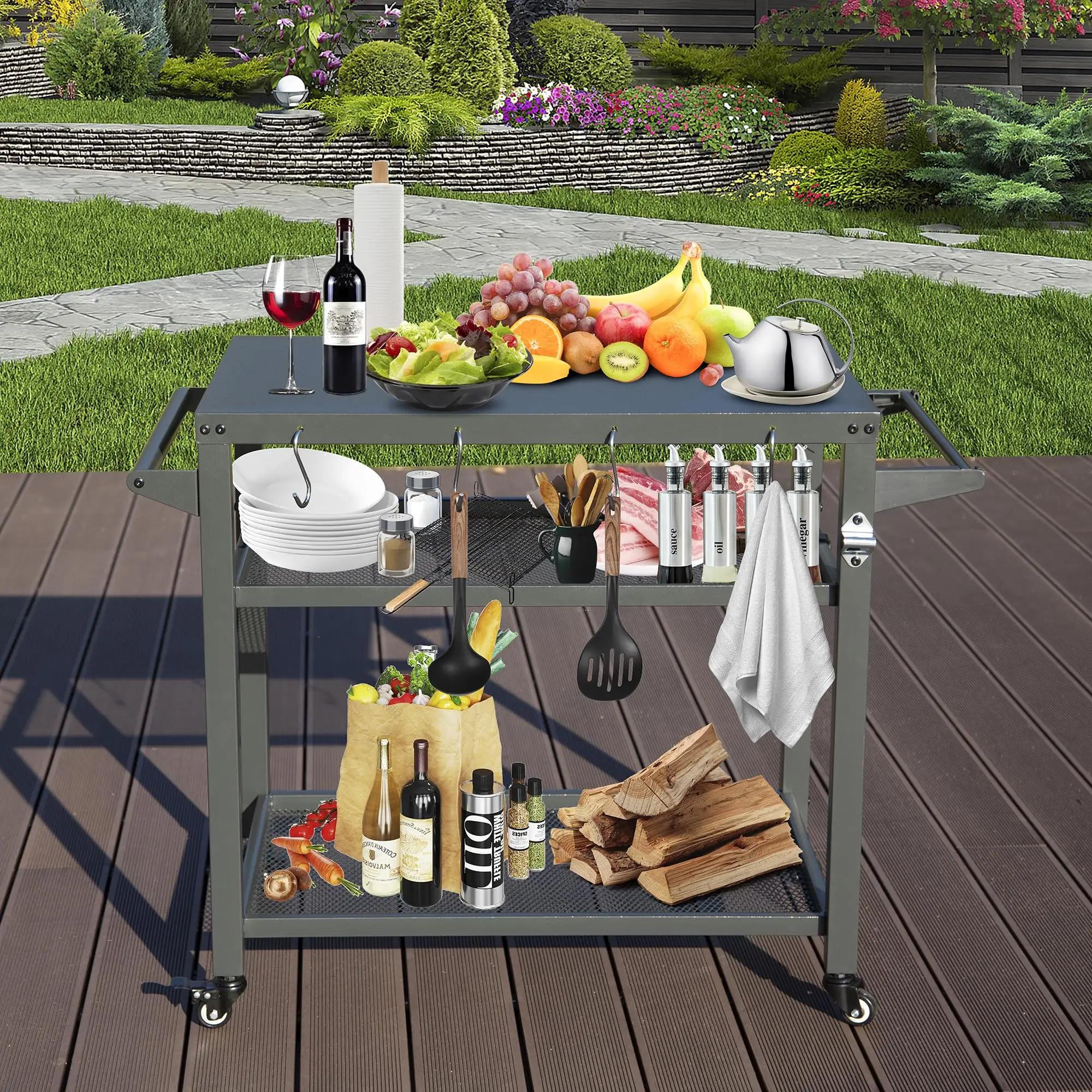 Moveable Outdoor Kitchen BBQ Worktable Trolley 42" W X 22" D 3 Storage Shelves Grill Cart Table Wheels Hooks for Food Parks