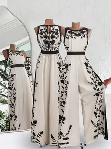 Elegant Aesthetic Colorblock Floral Plant Print Lady Jumpsuit, Sleeveless Waist Cinched Wide Leg Pants, Casual Fitted Knit Romper Womenswear