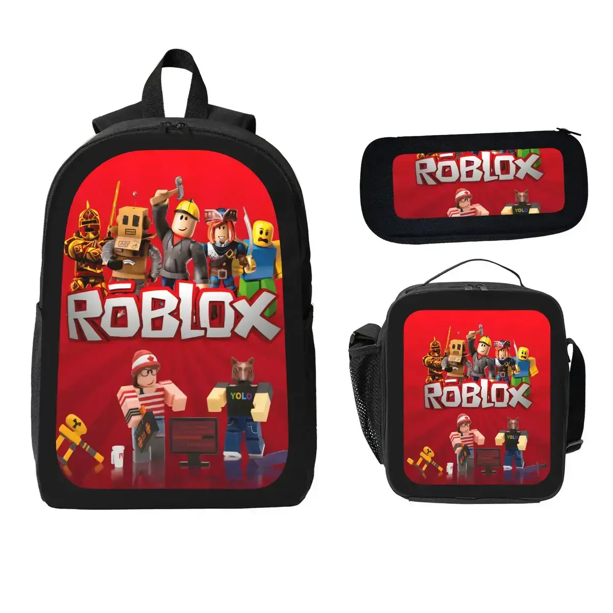 Roblox Print 3Pcs School Supplies Set - Gaming Backpack with Insulated Lunch Box and Pencil Case for Boys Girls, Cool Gamers Bookbag Set