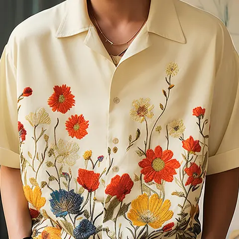 INCERUN Mens Short Sleeve Floral Printed Holiday Beach Blouse Casual Summer Clothes Fashion Shirt Loose Tops T Shirt Machine Washable Shirt