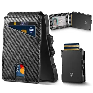 VTLASK Minimalist Wallet for Men Slim Leather RFID Blocking Bifold with Money Clip & Pop-Up Card Holder Carbon Fiber Design