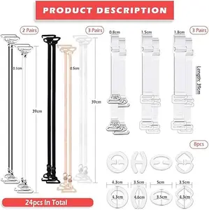 24 Pieces Clear Bra Straps, Invisible Adjustable Bra Strap Non-Slip Bra Replacement Shoulder Straps, 8 Pieces Clear Bra Strap Clips+16 Pieces Bra Straps