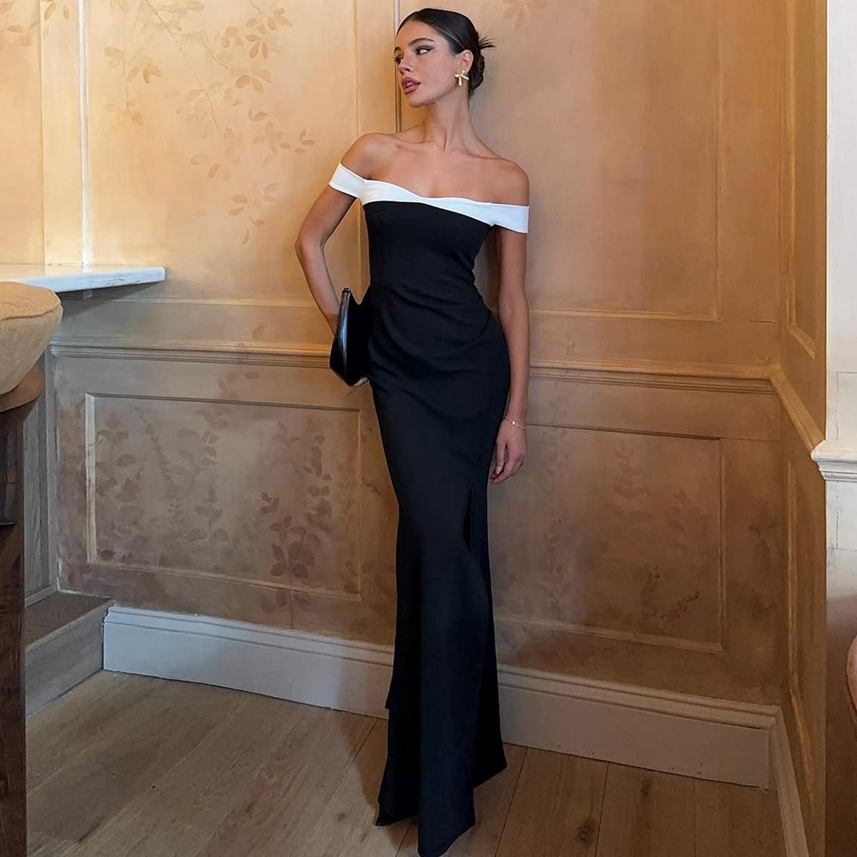 Women's Black & White Off-Shoulder Side Slit Maxi Dress with Asymmetric Ruching 2025 Fall & Winter New Daily Chic Night Club Dates Gown Dress Outfit - TikTok Shop Women's Black & White Off-Shoulder Side Slit Maxi Dress with Asymmetric Ruching 2025 Fall & Winter New Daily Chic Night Club Dates Gown Dress Outfit - TikTok Shop