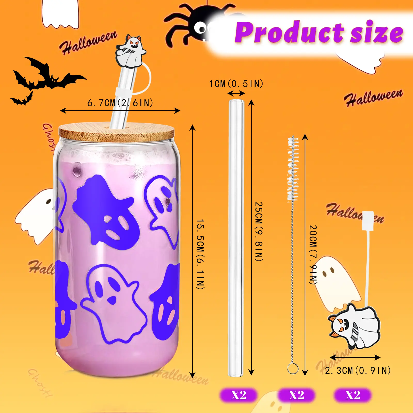 ANOTION 18oz Glass Cups Ghost Drinking Glass with Bamboo Lid and Straw,Color Changing  Beer Glass Tumbler for Soda Smoothies Iced Coffee Cocktail