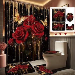 rose & butterfly pattern shower curtain set, 4 counts/set including shower curtain & toilet u-shaped mat & toilet lid cover & bath mat, bathroom decor supplies, home goods, bathroom accessories, home decoration goods