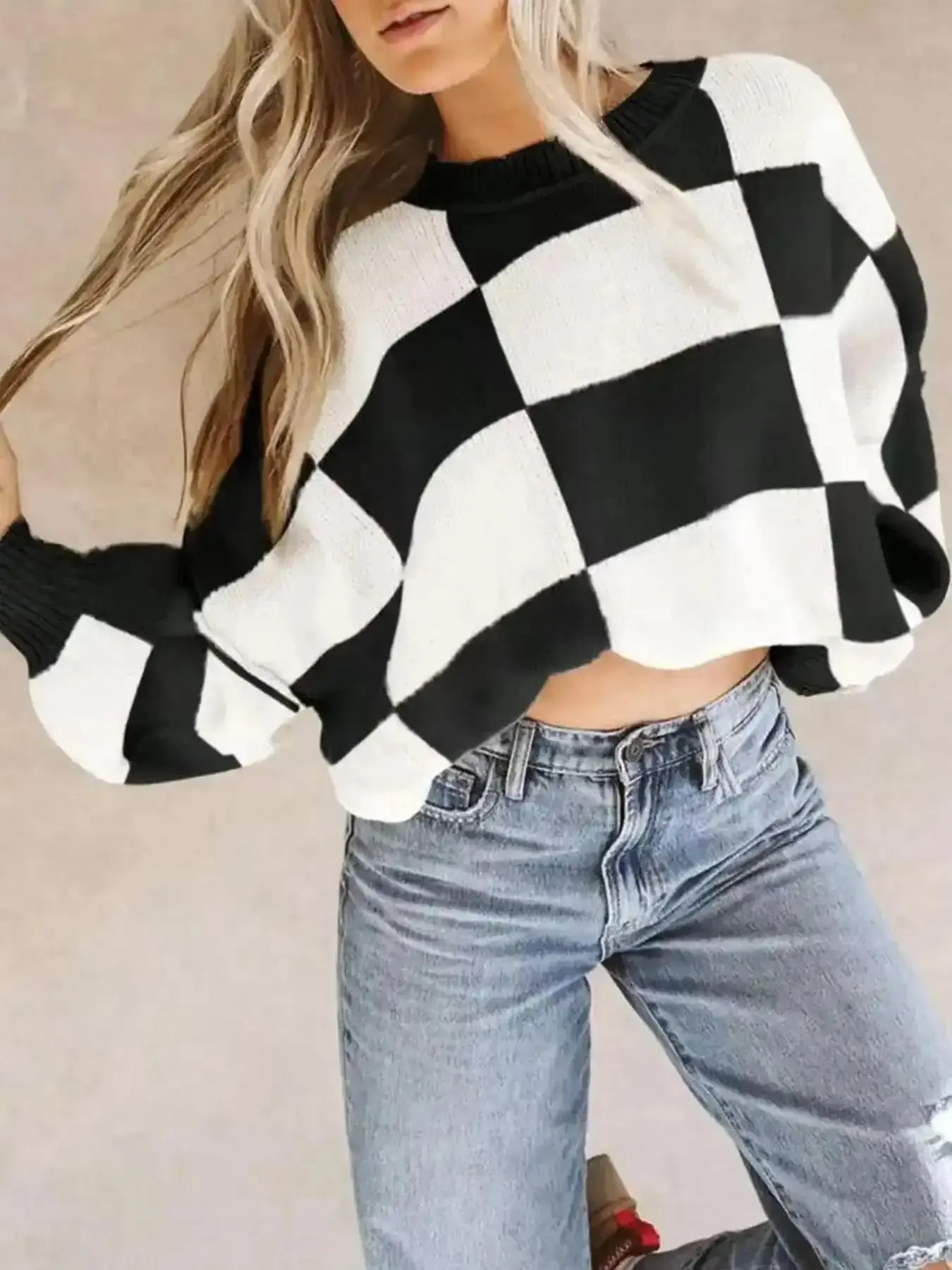 Women's Loose Fit Baggy Colorblock Checkerboard Sweater, Vintage Plaid Knit Pullover, Fall Winter Casual Round Neck Top, Elegant Patchwork Design, Knitwear Womenswear everyday essential breathable going out top