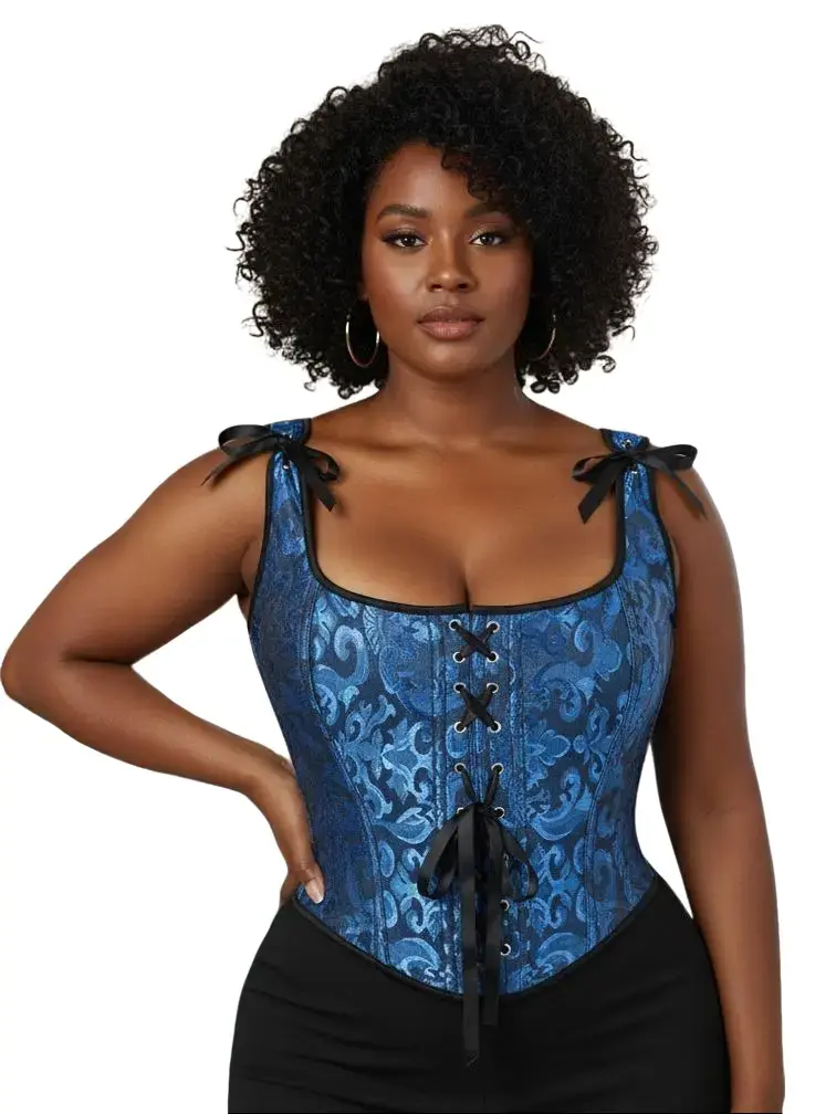 Women's Plus-Size Lace-Up Boned Jacquard Overbust Corset Top - Compression Tummy Control Hourglass Shapewear Top (Womenswear)