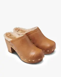 beek WOODPECKER SHEARLING Saddle Clogs for Women - Round Toe, Slip On, Shearling Lined, Wooden Sole, Vegetable-Tanned Leather, Summer Walking Shoes