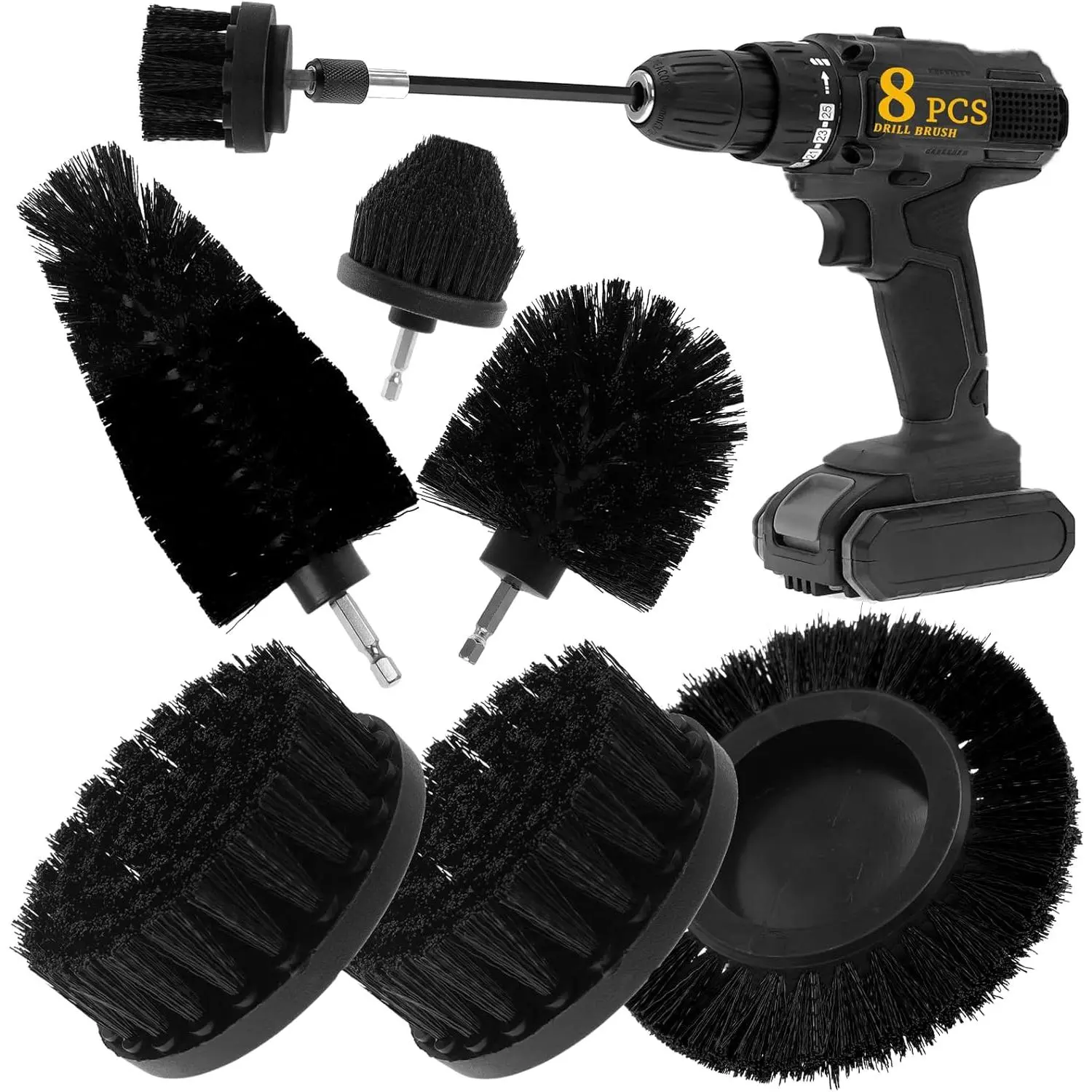 8 Pcs Drill Brush Attachment Set, Power Cleaning Scrub Brush Kit with Extend Long Attachment, All Purpose Drill Scrub Brushes for Car, Grout, Floor, Tub, Bathroom and Kitchen (Black)