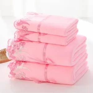 4 pieces of lace embroidered towels in a set, home microfiber towels, soft hand towels and bath towels, bathroom bath towel sets, bathroom absorbent towels, 2 bathroom towels and 2 hand towels, Premium Towel Set, bathroom supplies