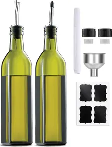 2 Pcs Green Glass Olive Oil Dispenser and Vinegar Dispenser Set with 2 Stainless Steel Pourers, 4 Labels, 1 Funnel (500ml) for Kitchen, Cooking, Salad Dressing, Barbecue, Mixing