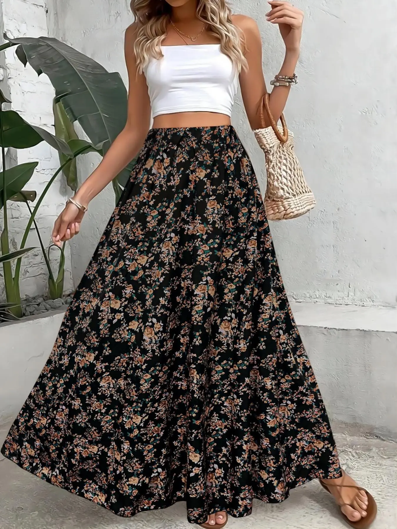 Women's Ditsy Floral Print Elastic Waist A-Line Bohemian Chic Skirt, Boho High-Waisted Long Skirt for Beach Vacation, Ladies Spring Clothes, Womenswear