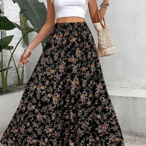 Women's Ditsy Floral Print Elastic Waist A-Line Bohemian Chic Skirt, Boho High-Waisted Long Skirt for Beach Vacation, Ladies Spring Clothes, Fall Aesthetic Skirt, Womenswear