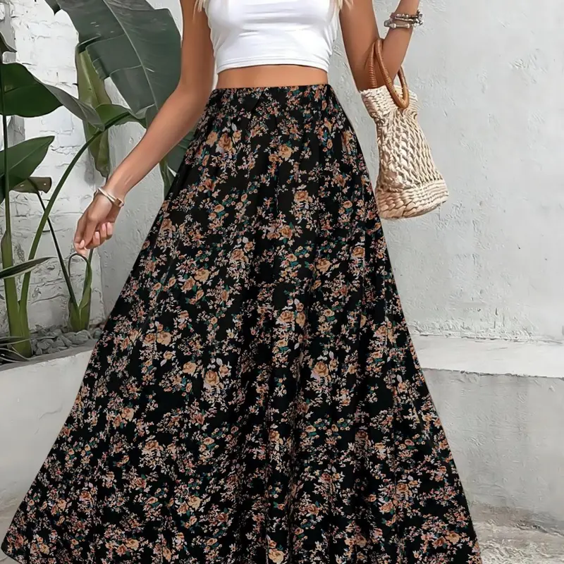 Women's Ditsy Floral Print Elastic Waist A-Line Bohemian Chic Skirt, Boho High-Waisted Long Skirt for Beach Vacation, Ladies Spring Clothes, Fall Aesthetic Skirt, Womenswear
