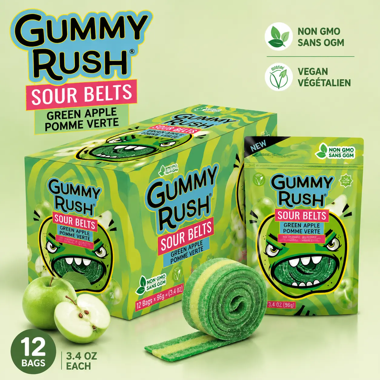 INFIN8 Gummy Rush Sour Belts Green Apple 3.4 oz 12 Count  Sweet & Sour Chewy Candy Belts | Fruity Gummy Treats for Parties & Snacking