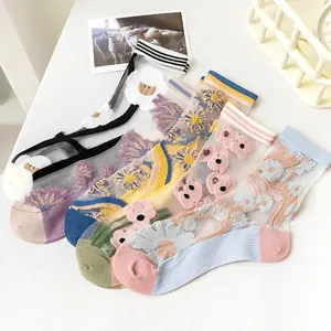 Sheer Ankle Socks for Women, Black and White Patterns, 5 Pairs