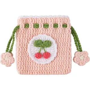 Small Crochet Drawstring Pouch Cherry Cute Coin Purse Handmade Knitted Storage Bag for ID Credit Card