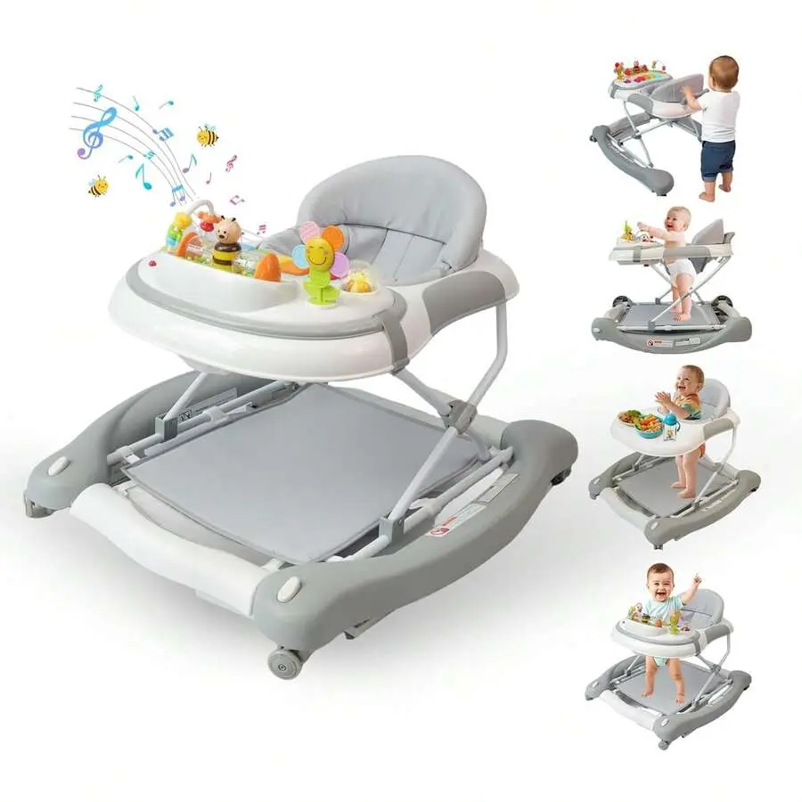 Portable Unisex Foldable 5-in-1 Baby Activity Walker - 3 Height Adjustments, Music & Lights, Developmental Toys, 0 - 5 Kg Capacity, Travel-Friendly for 6-12 Months Infants (Walker/Jumper/Rocking Modes), Adjustable, Plain, 5 - 10 Kg
