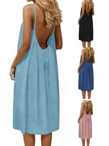 Pure Color Backless Strap Sleeveless Dress, Large U-Back Design, Waist Cinching, Casual Loose Fit, Vacation Beachwear, Summer Fashion, Womenswear