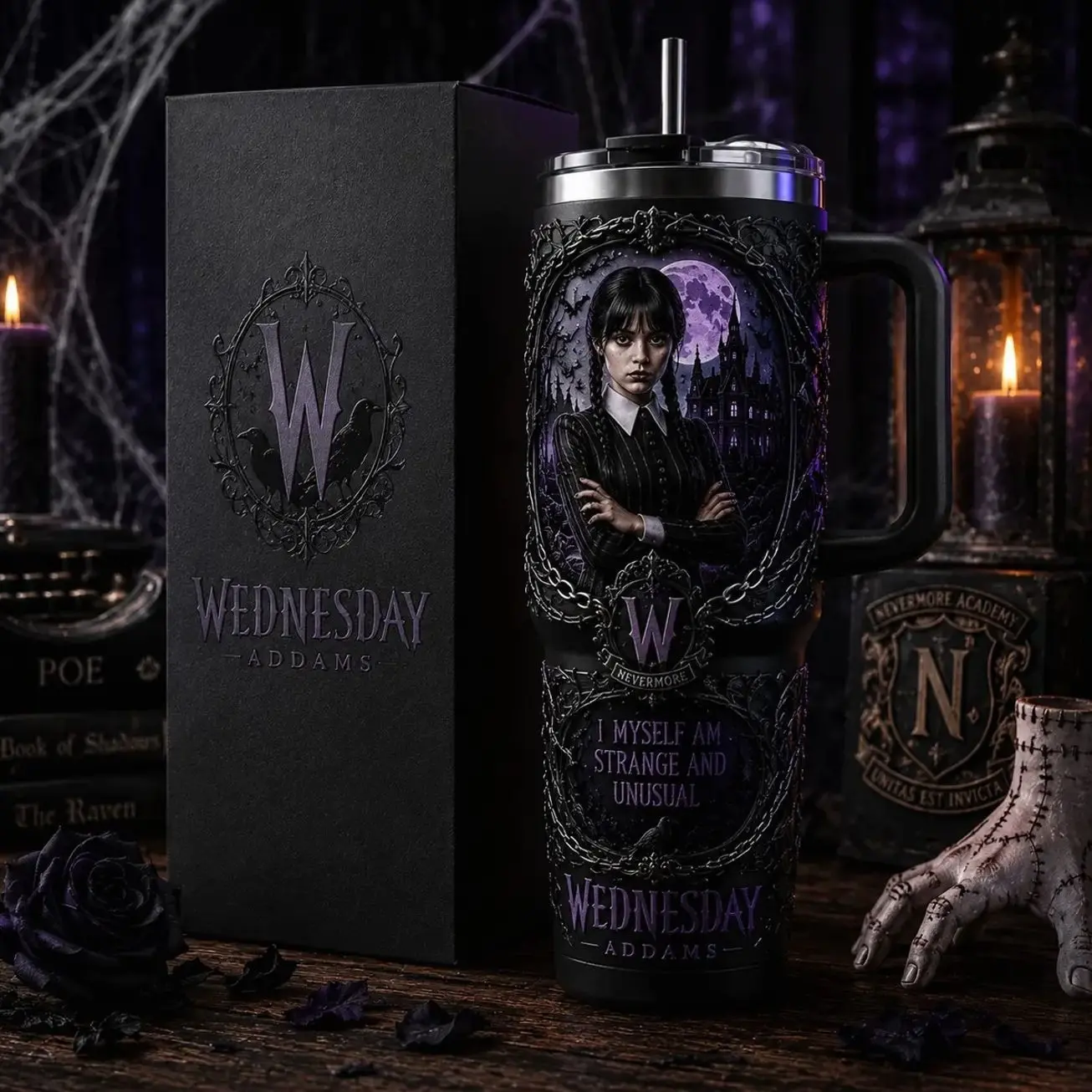 OceanSip4U Wednesday Addams 40oz Stainless Steel Tumbler with Handle, Vacuum Insulated Travel Mug, Gothic Halloween Cup, Nevermore Academy Inspired Tumbler, Spooky Gift for Wednesday Fans M86