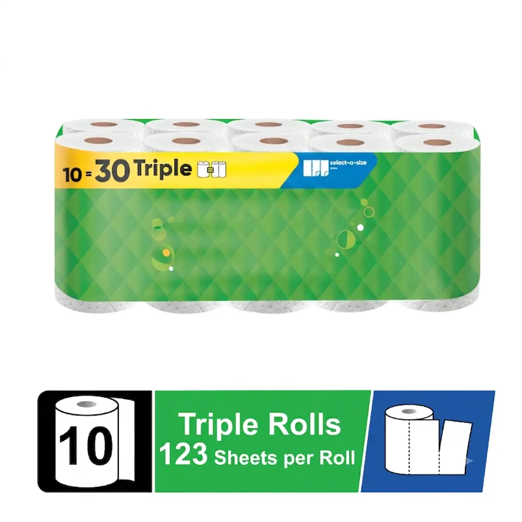 10 Triple Rolls Select-A-Size Paper Towels, White Absorbent Kitchen Towels with 123 Sheets Each, Everyday Cleaning Paper for Food Prep, Messes and Household Chores