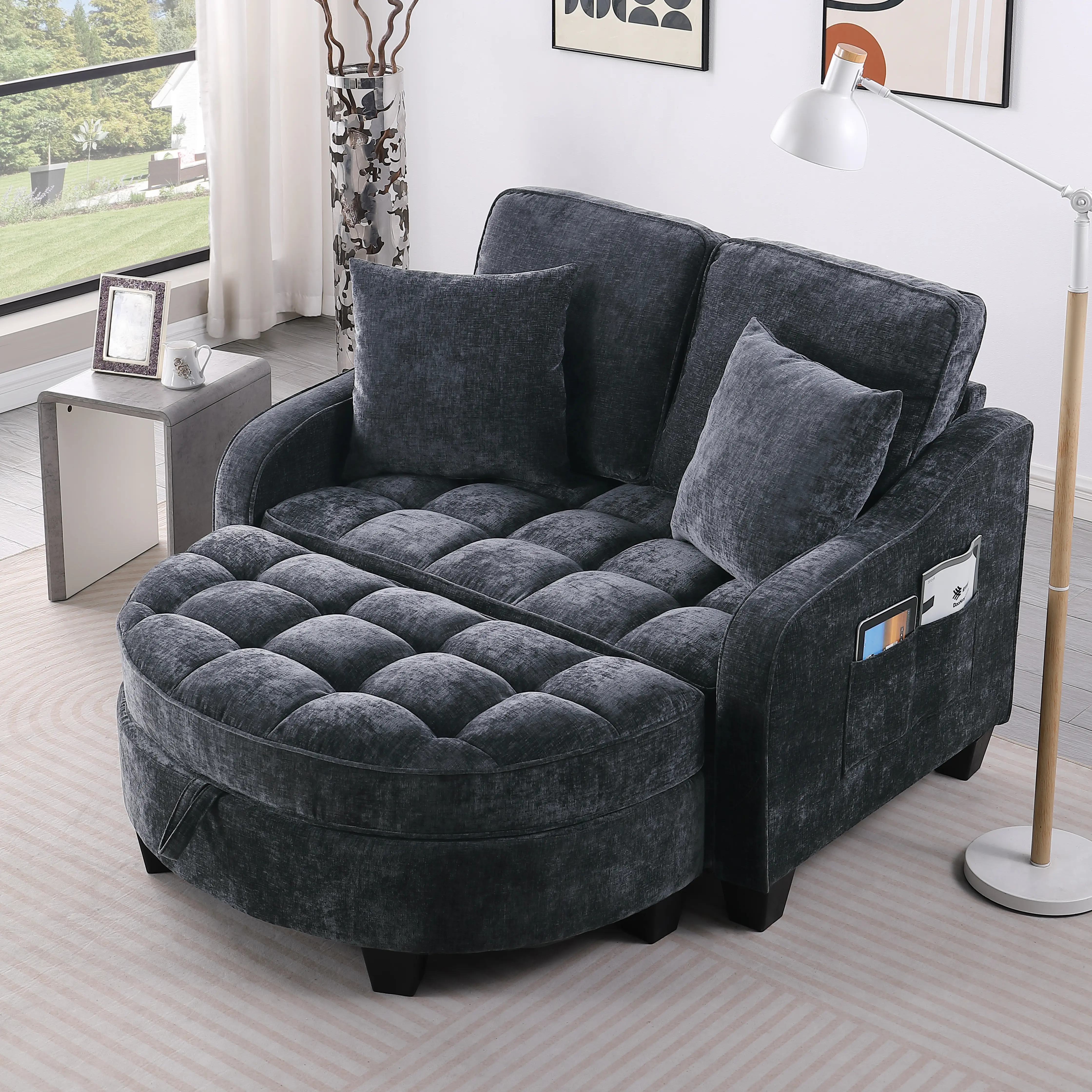 Niccae Oversized Chaise Lounge Sofa Bed for Living Room, Modern Elegant Tufted 45’’ Soft Chenille Couch with Barrel Chaise, Reading Accent Chair, Extra Wide & Deep Seat, Easy Assembly