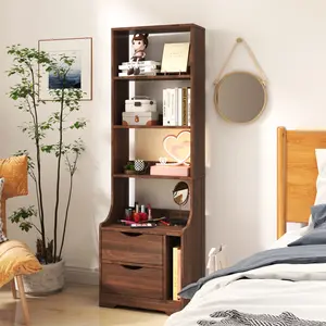 58" Tall Multi-Functional Nightstand, Modern Bedside Table with Bookshelf & 2 Drawers, Walnut Storage Cabinet for Small Spaces, 18.7"W x 13.39"D x 58.11"H