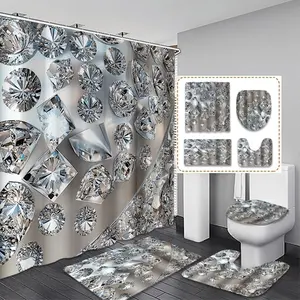 Creative Luxury Diamond Crystal Texture Shower Curtain Set, Silver Color, Includes 12 Plastic Hooks, Non-Slip Mat, Toilet Lid Pad