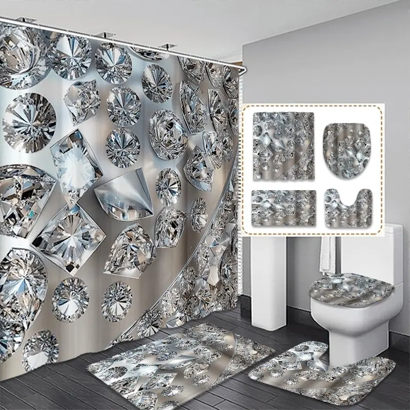 Creative Luxury Diamond Crystal Texture Bathroom Shower Curtain Set, Silver Color, Includes 12 Plastic Hooks, Non-Slip Mat, Toilet Lid Pad