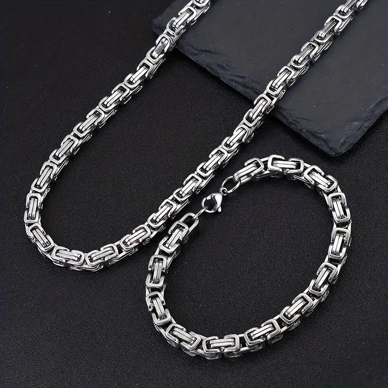 Men's Stainless Steel Byzantine Braided Chain Necklace & Bracelet Set, Biker Punk Hip Hop Rock Fashion Costume Jewelry Accessories, Biker Jewelry Sets