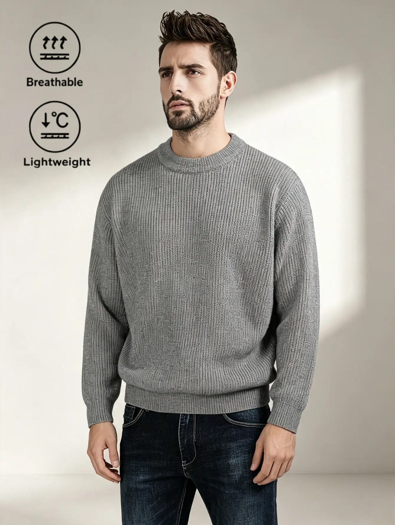 Solid-color textured pullover knit sweater, available in black/gray, vertical cable-knit pattern.