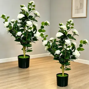 2-Pack 3-ft Artificial Camellia Potted Trees, White Flower Fake Plants for Indoor & Outdoor Family Garden Home Decor