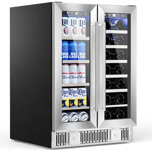 Kismile Dual Zone Wine Cooler with Glass Door, 21 Bottles and 88 Cans Wine and Beverage Refrigerator, 4.4 cu.Ft 24 Inch Built in or Under Counter Wine Fridge with LED Light, Two Door Lock