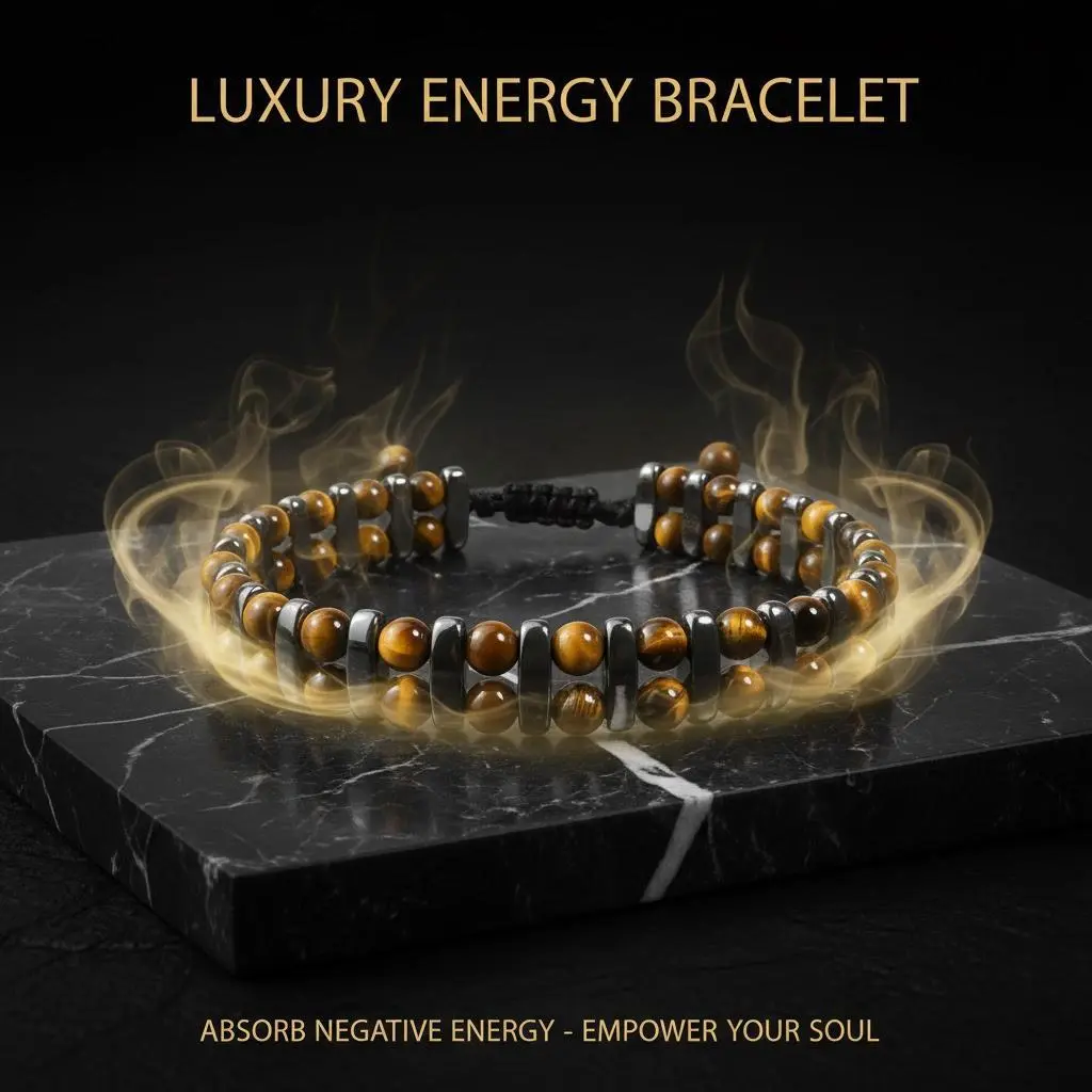 Unisex Natural Tiger's Eye-Hematite Crystal Beaded Protection Bracelet - Single Loop Style, Adjustable 7-8 in (17cm) Size, Elegant Boho Design for Casual to Formal Wear, Arm Candy Accessories