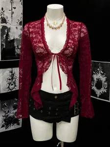 VYNCE  Women's Sexy Contrast Lace V-Neck Lace Trim Blouse