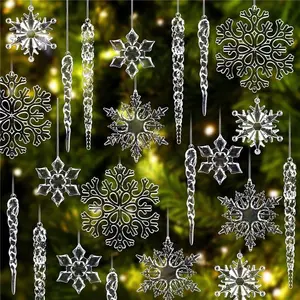 48PCS Clear Acrylic Christmas Snowflake Icicles Hanging Drop Ornaments with Silver Cords Xmas Snowflake Icicle Decorations for Christmas Tree Home Decoration