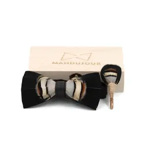 Turkey Black and Brown Feather Bow Tie & Lapel  Set - Mandujour handmade