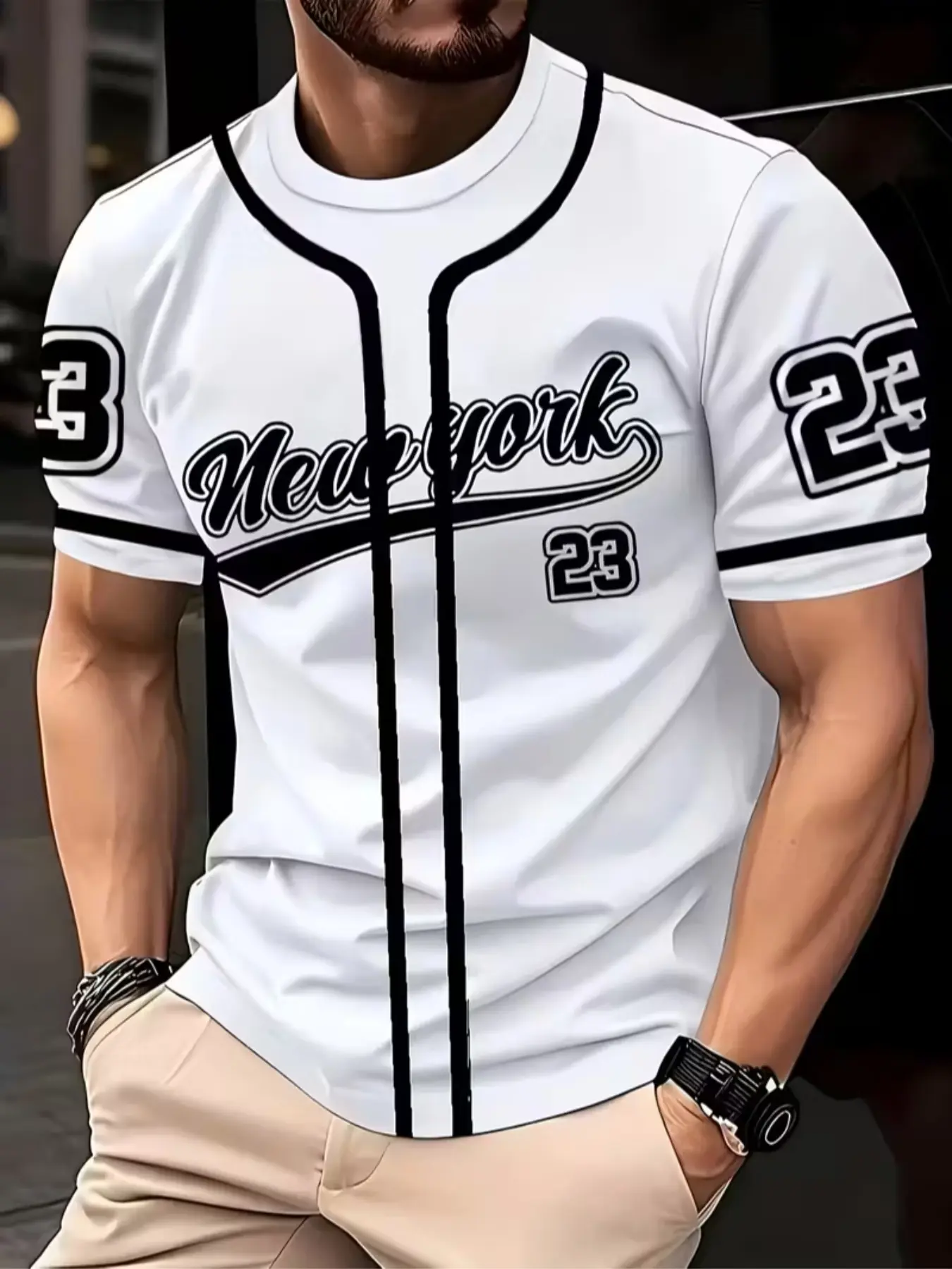 Men's Casual Streetwear Menswear 3D Letter Number 23 Print Striped Polyester Short Sleeve Round Neck Fitted T-Shirt, Casual Breathable Design, Slightly Elastic Knit Fabric, Breathable Comfort, All Seasons Top