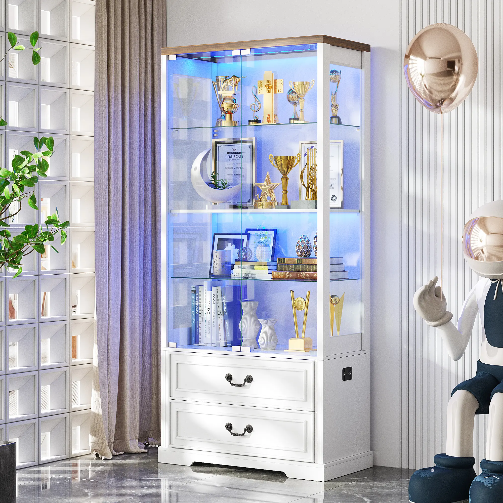 Vlsrka 67" Tall Sturdy Lighted Curio Cabinet - Modern Storage Cabinet with Contemporary Decorative Design, Glass Doors, 2 Drawers, Wooden Frame, Smart Human Sensor LED Lighting for Collectibles, Living Room/Office, Modern Storage Cabinets, Decorative Cabi