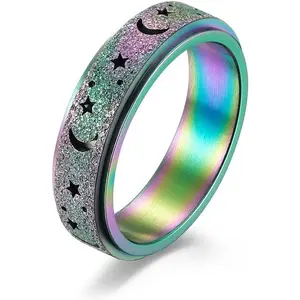 Stainless Steel Spinner Ring for Women Men Fidget Bands Anxiety Rings Relieving Stress Moon Star Engagement Wedding Promise Band Rings-