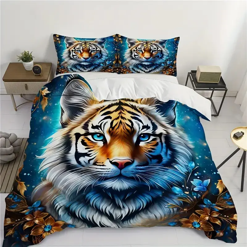 2D Print Tiger Pattern Bedding Set, Soft Breathable Polyester Fabric, All-Season Use, Includes 1 Fitted Sheet + 2 Pillowcases, Soft Bedding Sets