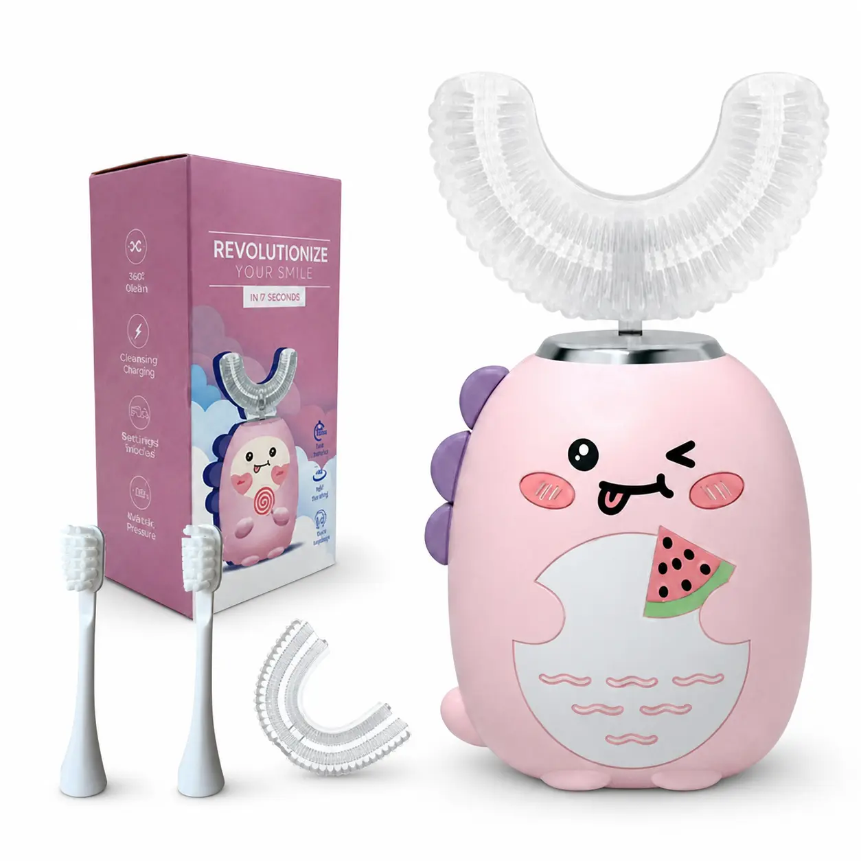 Kids Electric U-shaped toothbrush, silicon, BPA free, Children Rechargeable Sonic Toothbrush, with 4 brushes,3 cleaning modes, IPX7 waterproof,pink#dealsforyoudays Oral Sensitive electric toothbrush Silicone Cleansing useful