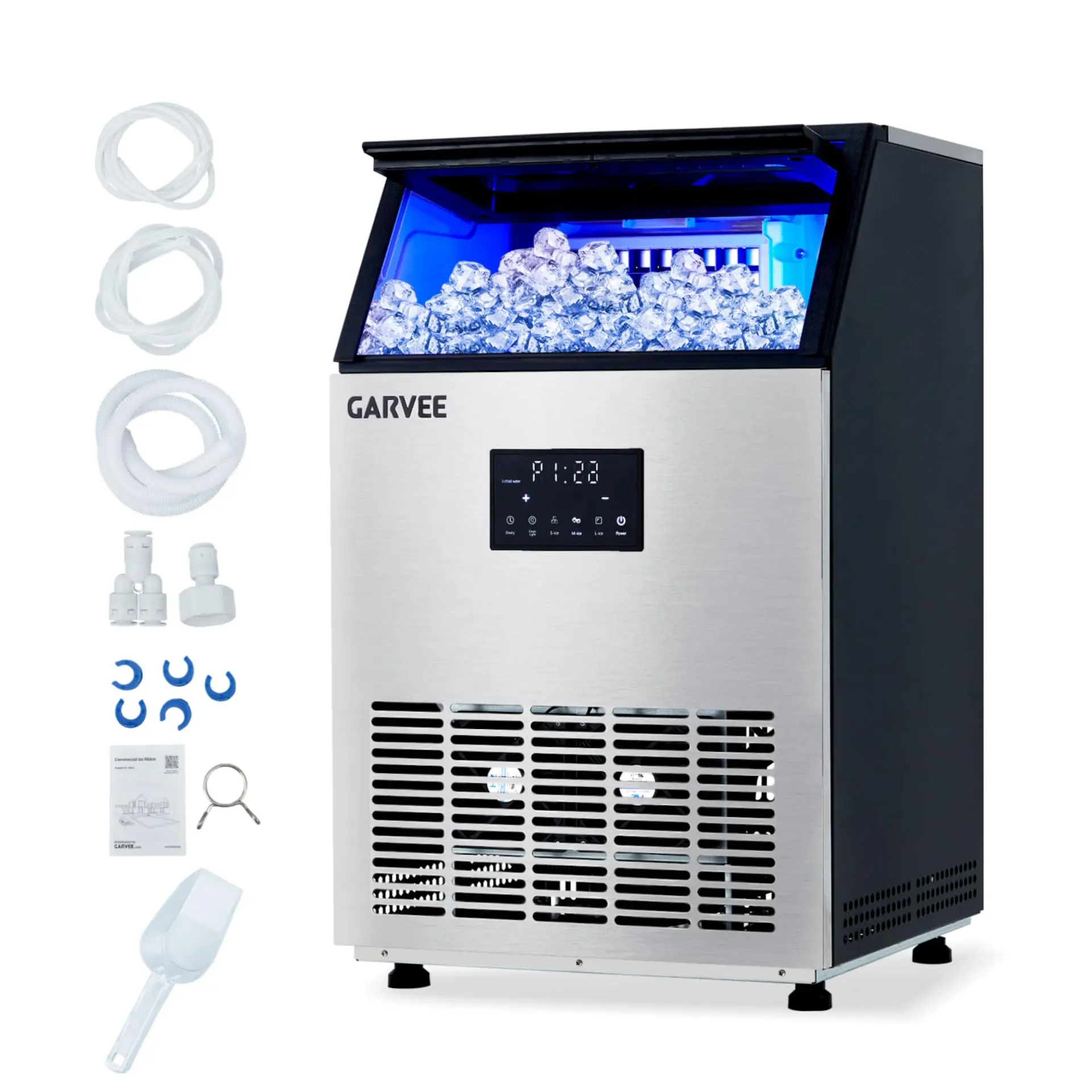 Garvee Commercial Ice Maker Machine, 150lbs/24H Stainless Steel Commercial Ice Machine with 40lbs Ice Storage Capacity, Ice Ready in 15min, Stainless Steel Freestanding Ice Maker Auto Self-Cleaning