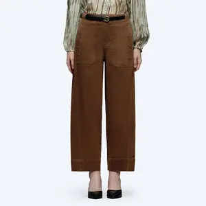 ONESO Women's Vintage Chocolate Brown High-Rise Wide-Leg Cropped Patchwork Trouser Jeans, Mid-Waist Plus Size Clothes with Large Pockets, Elegant Straight Loose Bottoms, Earth-Tone Old Money Aesthetic Streetwear