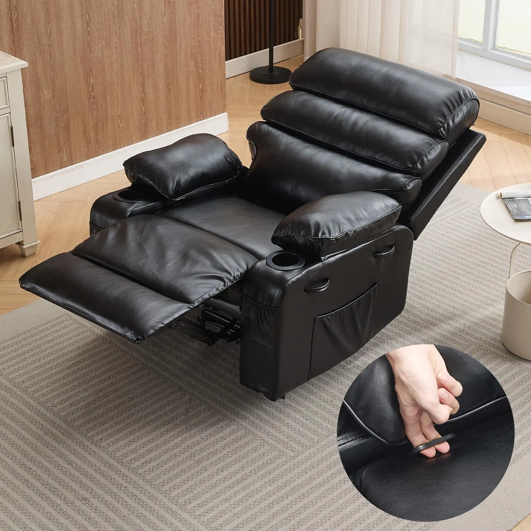 【Christmas Gift】Black PU Leather Extra Wide Manual Recliner for Adults with Massage and Heat, Large Lazy Chair with 1.5X Sponge Comfort Arm and Back for Living Room, Bedroom