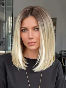 Ombre Blonde Bob Wig, Shoulder Length Wigs for Women, Dark Roots, Middle Part, Heat Resistant Fiber, Synthetic Wig, Natural Looking Wig, All Seasons