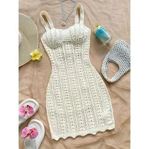 Women's Summer Crochet Mini Dress, Hollow Knit Bodycon, Bra Detail and Back Tie, Perfect for Beach Cover-Up, Vacation Wear, Pool Party, Music Festivals